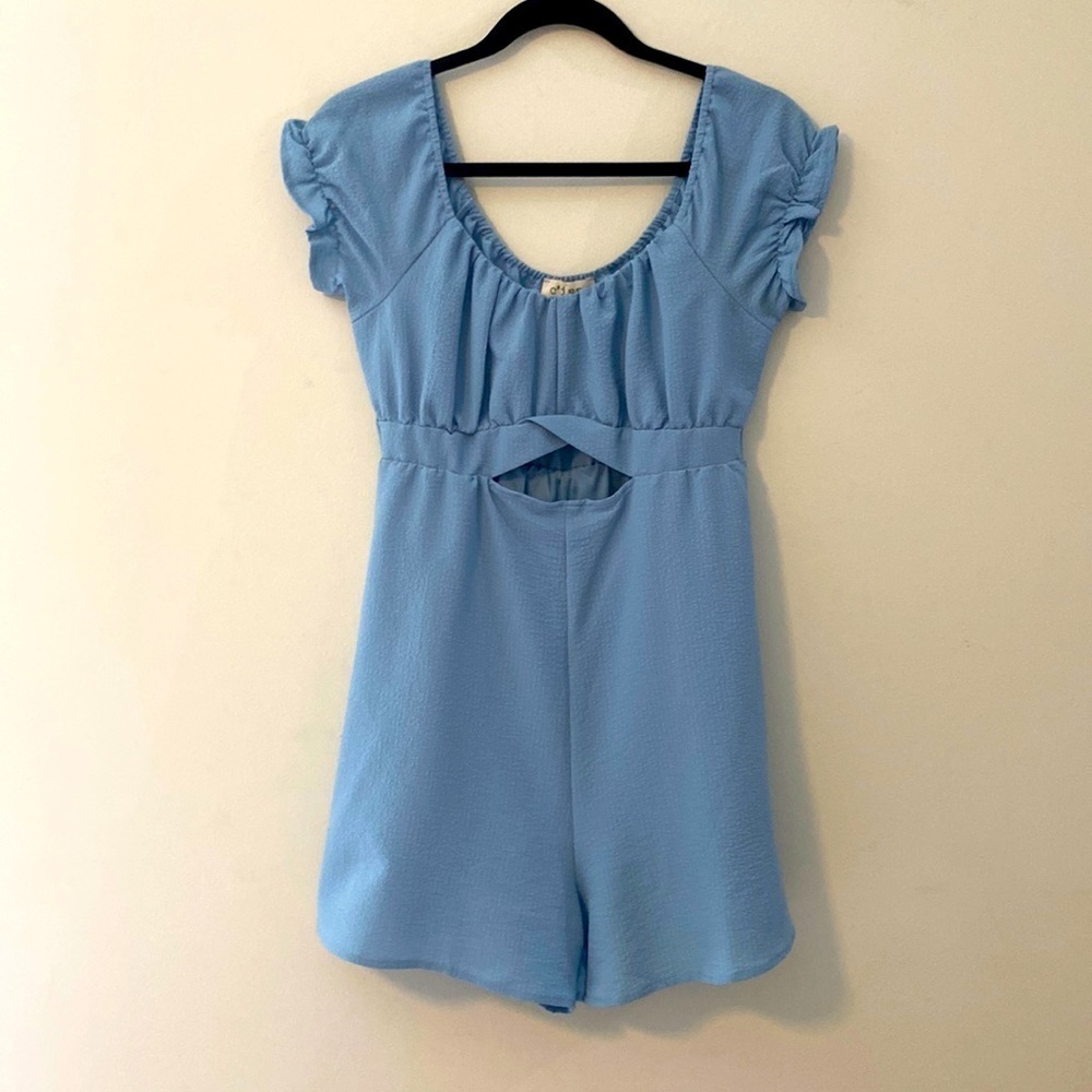 Light Blue Short Sleeve Romper, Stretch Material, Lined Shorts, Size M